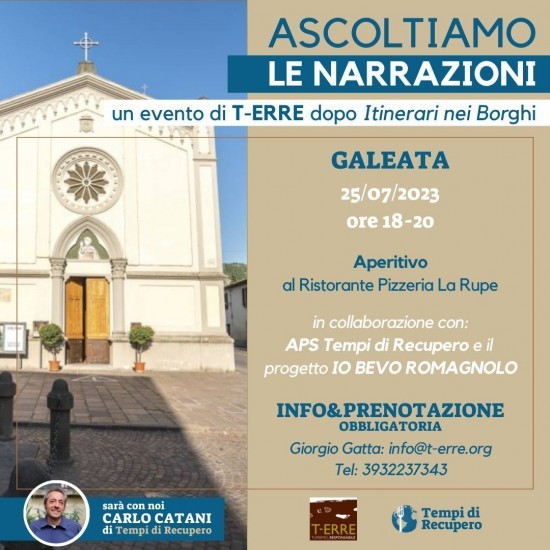 Il Racconto è una delle parole chiavi oltreché: Paesaggio, Cultura, Cucina, del Progetto Itinerari nei Borghi della Romagna.  Ascoltiamo le narrazioni dei suoi abitanti!  Sarà presente Carlo Catani, fondatore e docente dell'Università di Scienze Gastronomiche di Pollenzo.