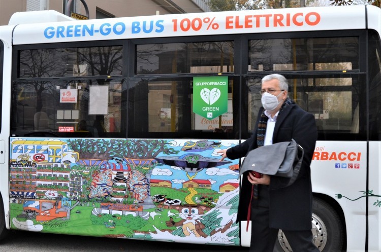 Preparandoci ad incontrare Giorgio Erbacci illustro ai miei colleghi il disegno riportato sulla fiancata del Green-Go Bus frutto di un concorso indetto da Viaggi Erbacci che ha visto vincere un ragazzo autistico.