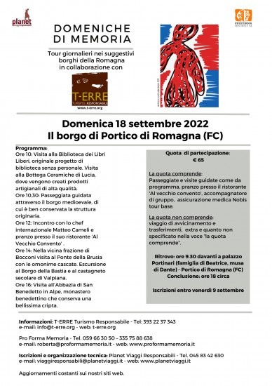 Portico di Romagna ti riempie gli occhi di bellezza. In pochi metri scopri uno dei pochi luoghi in Italia rimasti a pianta medievale, su tre piani: il piano rinascimentale dalla piazza allungata; il piano della fortificazione e degli armigeri in alto e il piano degli artigiani e dei coltivatori in basso, con il Ponte della Maestà.