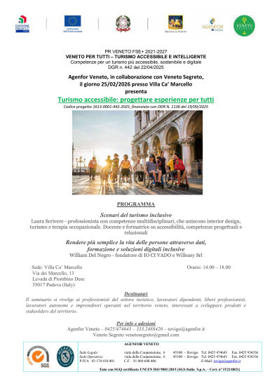 Agenfor Veneto in collaborazione con Veneto Segreto organizza presso Villa Ca' Marcello, il 25 febbraio,   alle ore 9,30:  Dati, emozioni e viaggiatori: il turismo tra neuroscienze e marketing esperienziale  e alle ore 14:  Turismo accessibile: progettare esperienze per tutti